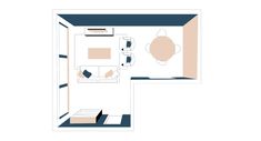 an overhead view of a bedroom and living room