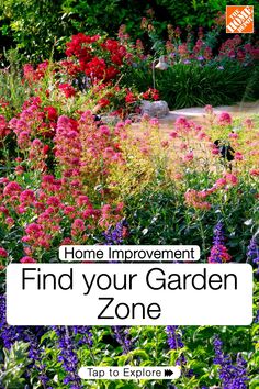 a garden with lots of flowers and plants in the foreground text reads, home improvement find your garden zone