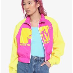 Mtv Jr. Size Small Crop Jacket In Magenta & Yellow Nwot Yellow Track Jacket For Spring Streetwear, Retro Yellow Windbreaker For Spring, Retro Yellow Windbreaker For Fall, 90s Yellow Streetwear Outerwear, 90s Yellow Outerwear For Streetwear, 90s Style Yellow Windbreaker For Streetwear, Trendy Yellow Spring Windbreaker, Headbangers Ball, Yo Mtv Raps