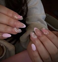 Pink nails, almond nails, flower nails, pink frenchtips, acrylic flower, flower charms, ahort nails Almond Nail Butterfly, Pink Almond Shape Nails Design, Quince Nails Short Almond, Birthday Nails Pink Almond, Blush Nails With Gems, Bday Almond Nails, Pink Almond Nails With Charms, Light Pink Nails Quince, Flower Nails Charms