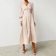 Lasaky - Silk Vintage Long Dress with Lantern Sleeves, Waist-Defining Fit Elegant Bodycon Dress, Vintage Long Dress, Elegant Midi Dresses, Midi Sundress, Lantern Sleeve Dress, Dress Women Elegant, Empire Dress, Vestido Casual, Slim Dresses