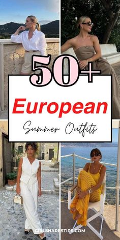 the top 50 european summer outfits for women in white and yellow, with text overlaying