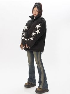 Look out of this world in our Star Puffer Jacket! Featuring an eye-catching pattern of stars across the sleeve, our coat will keep you warm and stylish all season long. Model is 5'4 115lbs wearing M Star Puffer Jacket, Striped Flare Jeans, Oversized Denim Jacket, Striped Jeans, Oversized Jacket, Asian Style, Out Of This World, Y2k Style, Windbreaker Jacket