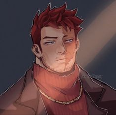 a drawing of a man with red hair wearing a brown jacket and gold chain around his neck