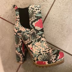 Never Worn Non- Brand Open To Offers Casual Pink Heels Medium Width, Casual Pink Medium Width Heels, Trendy Multicolor Boots For Spring, Trendy Multicolor Ankle-high Heels, Trendy Multicolor Spring Boots, Spring Snake Print Round Toe Heels, Trendy Snake Print Boots For Spring, Casual Multicolor High Heel Boots, Bootie Boots