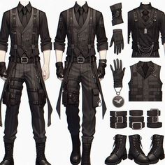 Black And White Fantasy Outfit Male, Assassin Outfits Male, Male Tactical Outfit, Modern Fantasy Outfit Male, Male Combat Outfit, Character Design Male Outfit, Character Art Clothes, Male Outfits Suit, Drawing Clothes Ideas Male