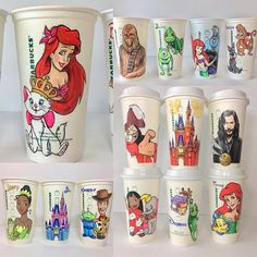 the cups are decorated with disney characters and princesses on them, all in different designs