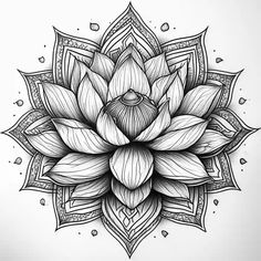 a black and white drawing of a lotus flower with intricate details on the petals,