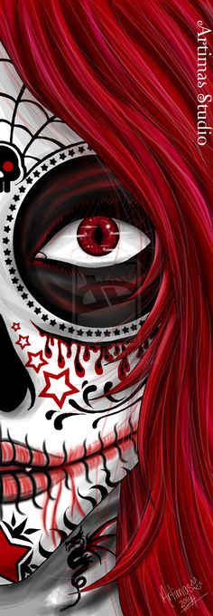 a woman with red hair and makeup painted to look like a sugar skull holding scissors