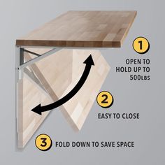 the instructions for how to build a folding table with wood and metal frame, including fold down to save space