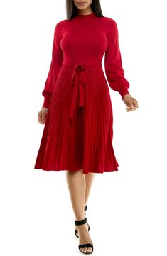 Nina Leonard Tie Waist Fit & Flare Sweater Dress | Nordstromrack Flare Sweater Dress, Daytime Dresses, Long Sleeve Sweater Dress, Church Outfits, Pleated Dress, Tie Back, Sleeve Sweater, Fit & Flare, Flare Dress