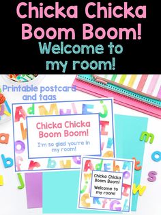 the welcome sign for chicka chicka boom is displayed on top of a desk