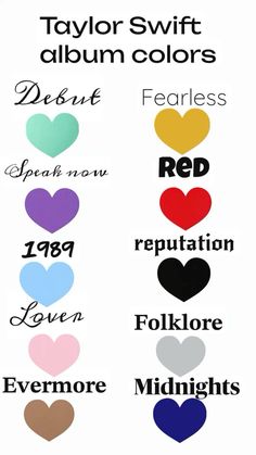 the colors of taylor swift's album are shown in different font styles and colors