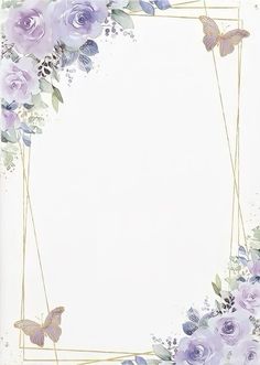 a white background with purple flowers and butterflies on the corner, as well as a gold frame