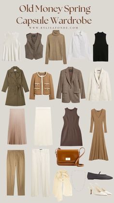 Find the ultimate old money capsule wardrobe wardrobe for spring 2024 in this article. Old money aesthetic outfits. Old money spring outfits. Old money spring essentials. Old Money Spring Outfits, Old Money Spring, Elegant Capsule Wardrobe, Old Money Capsule Wardrobe, Minimalist Wardrobe Capsule, Money Clothing, Brown Outfits, Elegant Wardrobe, Capsule Wardrobe Women