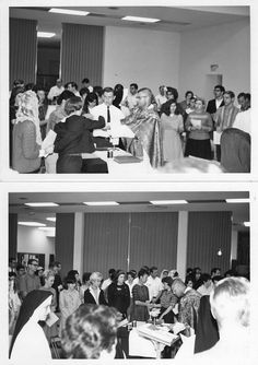 two black and white photos of people standing in front of a room full of people