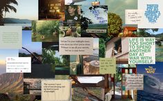 a collage of photos with words and pictures on them that include trees, houses, mountains, water, and other things