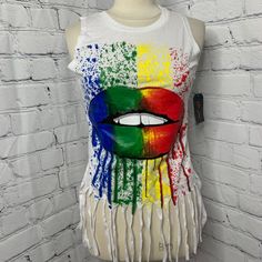 On Fire Fringe Tee. New Without Tags, Never Worn 100% Cotton #175 My Fun Multicolor Tops For Pride, Fun Multicolor Pride Tops, Trendy Cotton Pride Tops, Trendy Cotton Tops For Pride Festival, Trendy Cotton Tops For Pride, Multicolor Cotton Tops For Pride, Fun Cotton Tops For Pride, White Cotton Top For Pride, White Cotton Tops For Pride Festival