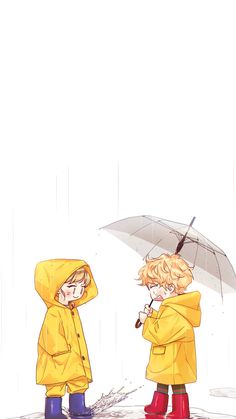 two children in yellow raincoats stand under an umbrella while another child stands behind them