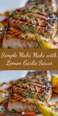 a plate with grilled meat and lemon garnish on it, along with the words simple mat mah with lemon garlic sauce