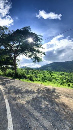 the sun shines brightly on a dirt road in front of a tree and mountains