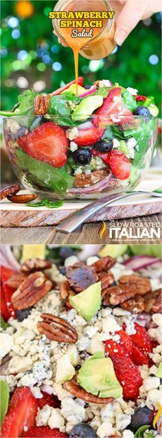 a salad with strawberries, avocado and blueberries is being drizzled