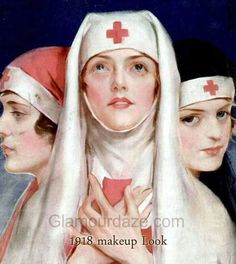 a painting of three women wearing red cross hats and holding their hands in front of them