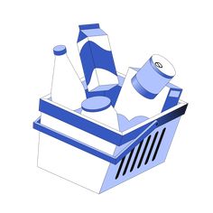 an open box with blue and white items in it, on a white background that appears to have been cut out