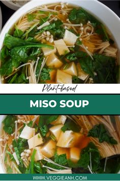 two pictures of miso soup with spinach and tofu