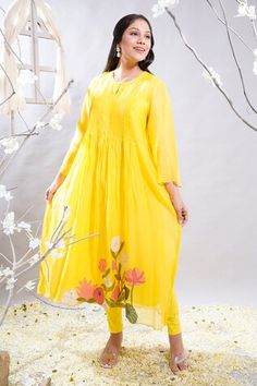 Yellow kurta with intricate pleated yoke, floral, sequins applique embroidered hem line. Comes with leggings and slip. - Aza Fashions Traditional Sets With Yoke For Spring, Traditional Spring Set With Yoke Detail, Spring Long Sleeve Kurta With Pintucks, Spring Long Sleeve Pintuck Kurta, Yellow Kurta, Embroidered Hem, Women Kurta, Sequin Appliques, Straight Kurta