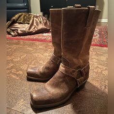 Was Gifted These Years Ago But They’re The Wrong Size So I No Longer Want To Hold On To. They Have A Worn In Look But Have Actually Only Been Worn Twice. Rustic Leather Moto Boots For Ranch, Rugged Leather Moto Boots For Ranch, Western Bridle Leather Boots For Fall, Rustic Moto Boots With Leather Lining, Leather Moto Boots With Goodyear Welt For Western Events, Classic Distressed Brown Leather Moto Boots, Rustic Leather Moto Boots With Snip Toe, Rustic Leather Moto Boots With Round Toe, Leather Moto Boots For Western-themed Events