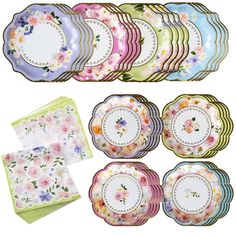 a set of six paper plates with flowers on them