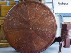 an old wooden table has been turned into a coffee table