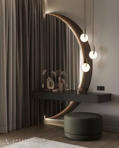 a round mirror sitting on top of a wooden table next to a window with curtains