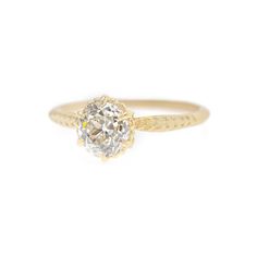 Handmade classic solitaire engagement ring featuring 1.01ct old European cut diamond and botanical details in 18K yellow gold by Designer Megan Thorne Hall Of Mirrors, Resize Ring, Bespoke Rings, Claw Prong, Ring Ideas, European Cut Diamonds, Antique Diamond, Fine Jewels, Classic Beauty