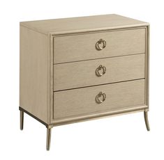 a white dresser with three drawers and two handles on the bottom, in front of a white background