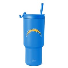 a blue tumbler cup with a san diego chargers logo on it