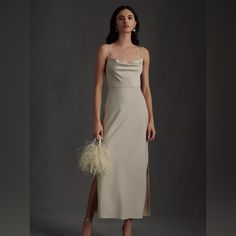 Only Worn Once! Beautiful Dress! Very Slight Piling On Inside Of Cowl Neck (Pictured). Cowl Neck Slip Dress, Bhldn Dresses, Dress Champagne, Dress Drape, Midi Slip Dress, Satin Bridesmaid Dresses, Color Champagne, Silk Organza, Empire Waist