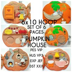 "These are embroidery designs to make quiet book ITH. In the hoop quiet book pattern. Complete Pumpkin house - SET of 6 embroidery designs - for 6x10\" hoops or 16x26cm (or larger). This series includes * mouse doll * front * bedroom with closet and two outfits (both girls AND boys)  * kitchen * pantry * bathroom * outside Includes 6x10\" designs ONLY. Please note that the dimensions and the shape of the 6x10 pumpkin is a bit different than the pumpkin house pictured. This zip file includes illu House Quiet Book, Doll House For Boys, Quiet Book Pattern, Book Embroidery, Room Pantry, Embroidery Felt, Felt Sewing, Book Pattern, Pumpkin House