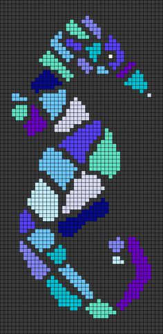 a cross stitch pattern in shades of blue, purple and green on a black background