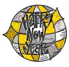 the words happy new year written in black and yellow on a white background with an abstract design