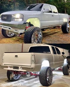 two pictures side by side of a silver truck and the same one with chrome wheels