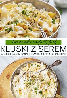 two photos with text describing how to make homemade artful pasta kluski z serem