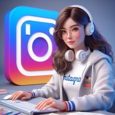 a woman wearing headphones and using a laptop computer in front of an instagram logo