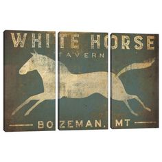 an old metal sign with a white horse on it's side and the words, bozeman mt