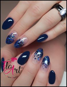 Navy Blue And Silver Almond Nails, Navy Blue And Silver Nails Short, Dark Blue Nails With Silver Design, Navy Blue And Silver Gel Nails, Dark Blue And Silver Sparkle Nails, Sns Nails Designs, Bright Nail Designs, Blue And Silver Nails, Silver Nail Designs