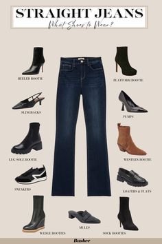 Straight Leg Jeans Shoes Winter, Flare Jean Boots, Straight Leg With Boots, Straight Jeans And Sneakers, What Shoes With Straight Leg Jeans, What Jeans To Wear With Ankle Boots, Shoes Straight Leg Jeans, Straight Jeans Shoes, Jeans Outfit Winter Aesthetic