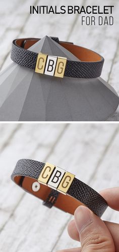 two photos of the same bracelet with gold letters on it, and one has a black leather