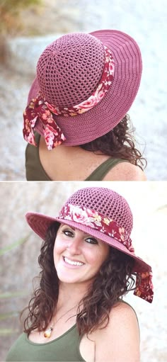 two pictures of a woman wearing a pink hat with flowers on the brim and side