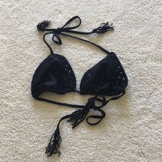 This Is A Super Cute Black Bikini Top With Little Tassels On The Strings!! Around The Top There Is Also Crochet!! Perfect For Summer!! Never Worn Black Stretch Halter Top For Beach, Black Halter Top For Beach Season, Black Backless Halter Top For Beach, Black Backless Halter Top For The Beach, Black Halter Top For Vacation Beachwear, Black Halter Top For Beach Vacation, Black Fitted Halter Top For Beach Party, Fitted Black Halter Top For Beach Party, Black Halter Top For Summer Pool Wear